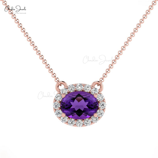 7x5mm Oval Shaped Amethyst Diamond Halo Necklace in 14K Gold