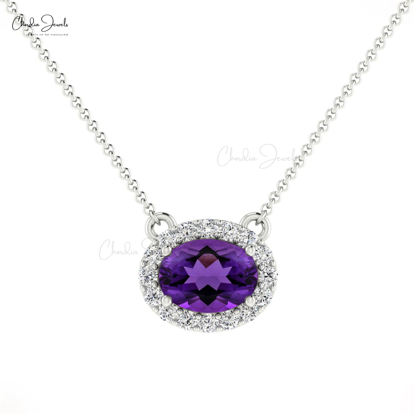 7x5mm Oval Shaped Amethyst Diamond Halo Necklace in 14K Gold