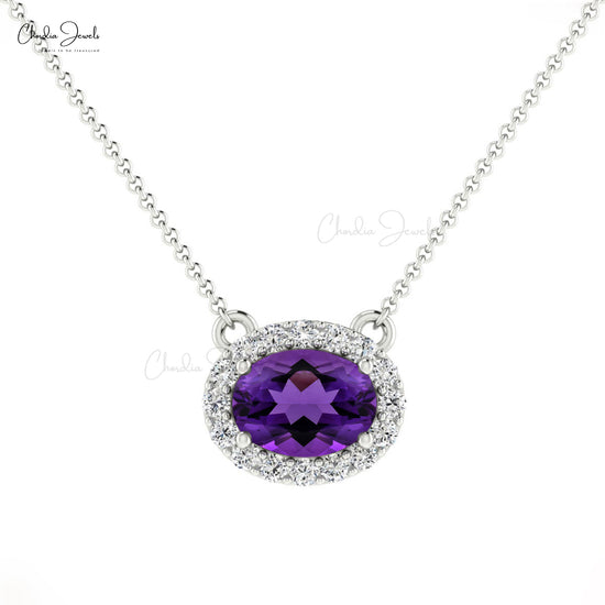 7x5mm Oval Shaped Amethyst Diamond Halo Necklace in 14K Gold