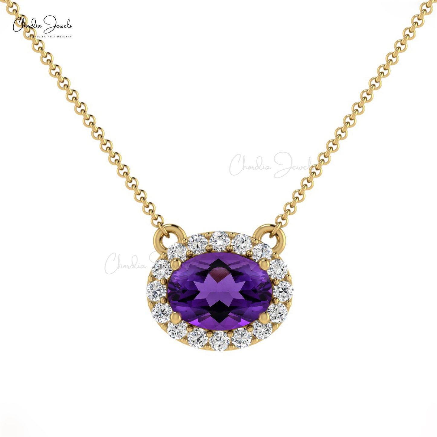 7x5mm Oval Shaped Amethyst Diamond Halo Necklace in 14K Gold