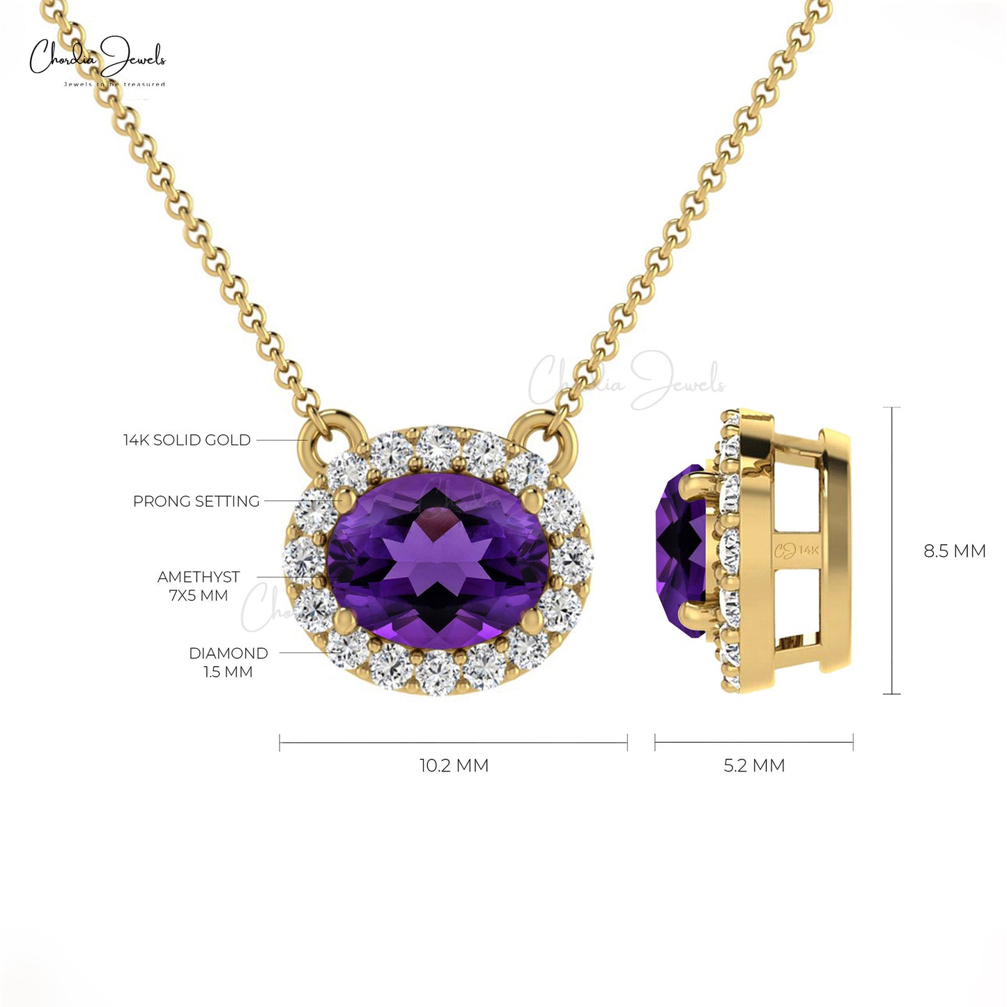 7x5mm Oval Shaped Amethyst Diamond Halo Necklace in 14K Gold