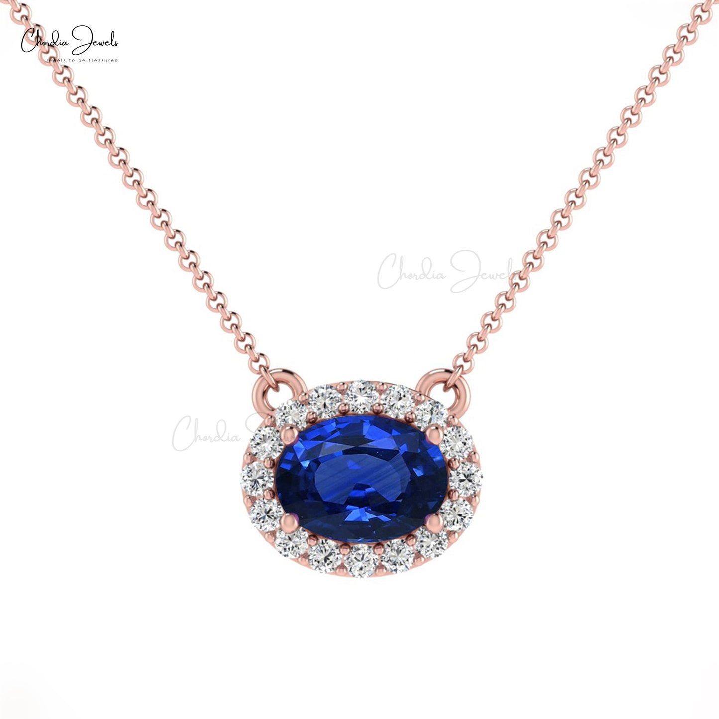 Natural 0.75cts Blue Sapphire Halo Necklace Solid 14k Hallmarked Gold Diamond Necklace For Women
