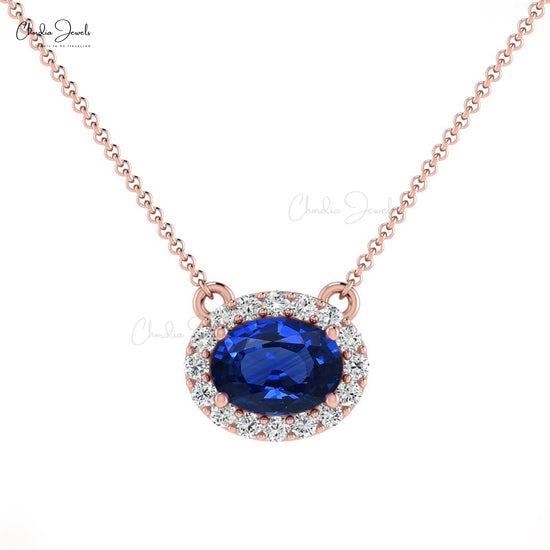 14k Solid Gold Diamond Necklace, Natural Blue Sapphire Necklace, 7x5mm Oval Faceted Gemstone Necklace, Handmade Necklace, Bridesmaid Necklace Gift for Her