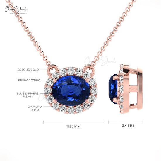 14k Solid Gold Diamond Necklace, Natural Blue Sapphire Necklace, 7x5mm Oval Faceted Gemstone Necklace, Handmade Necklace, Bridesmaid Necklace Gift for Her