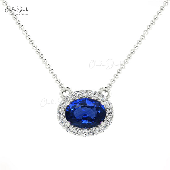 14k Solid Gold Diamond Necklace, Natural Blue Sapphire Necklace, 7x5mm Oval Faceted Gemstone Necklace, Handmade Necklace, Bridesmaid Necklace Gift for Her
