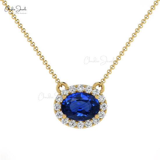 14k Solid Gold Diamond Necklace, Natural Blue Sapphire Necklace, 7x5mm Oval Faceted Gemstone Necklace, Handmade Necklace, Bridesmaid Necklace Gift for Her