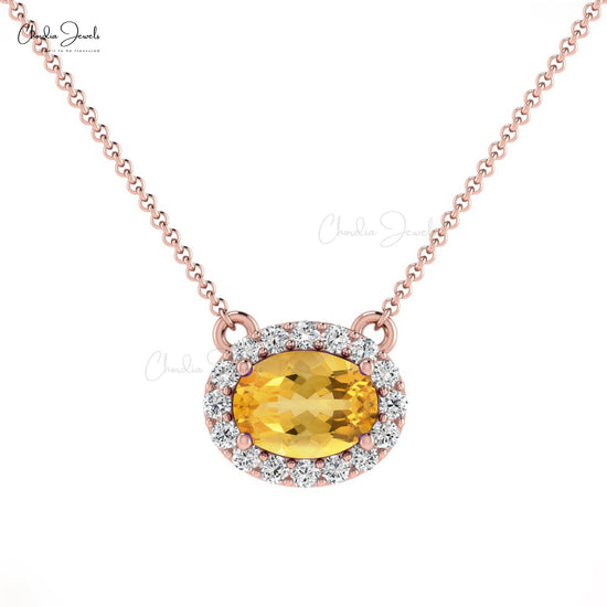Halo Necklace With Natural 0.75ct Citrine & Diamond 14k Solid Gold Minimalist Necklace For Bridal Gift
