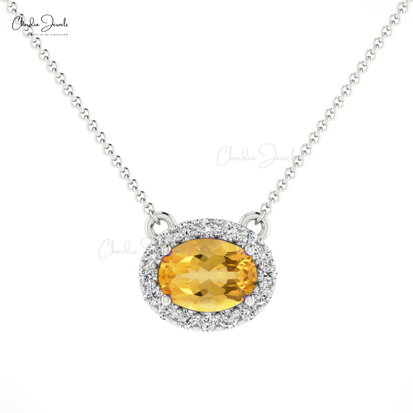 Halo Necklace With Natural 0.75ct Citrine & Diamond 14k Solid Gold Minimalist Necklace For Bridal Gift