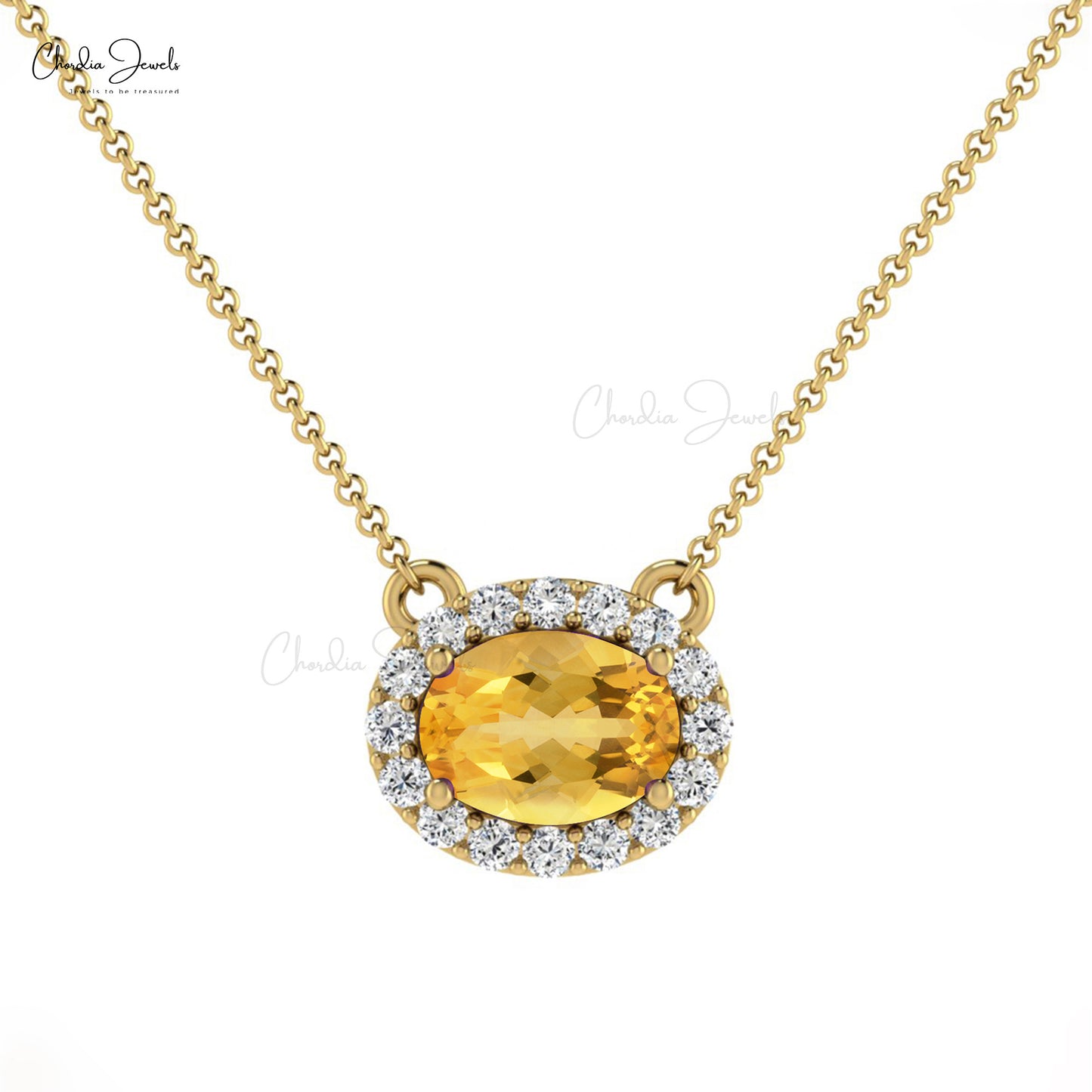 Halo Necklace With Natural 0.75ct Citrine & Diamond 14k Solid Gold Minimalist Necklace For Bridal Gift