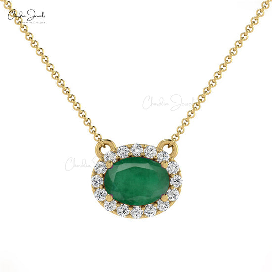 Load image into Gallery viewer, Round Natural Diamond Halo Necklace Pendant With Green Emerald 14k Pure Gold Dainty Jewelry For Valentine&amp;#39;s Day Gift
