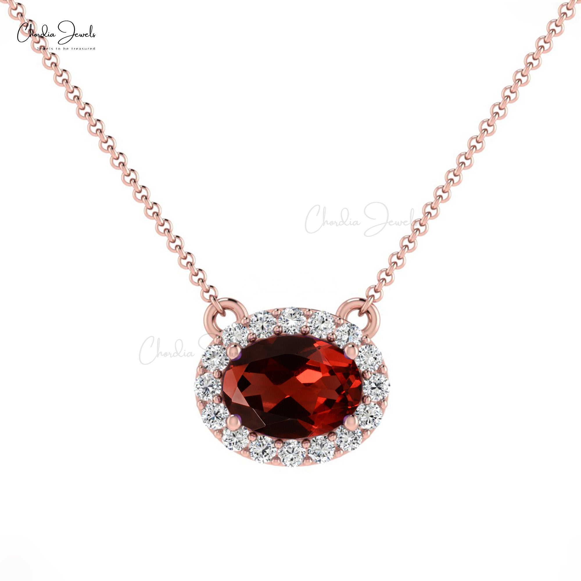 Women 7x5mm Garnet and Diamond Halo Necklace - Main Image