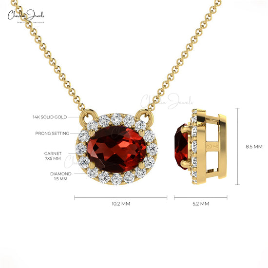 Women 7x5mm Garnet and Diamond Halo Necklace