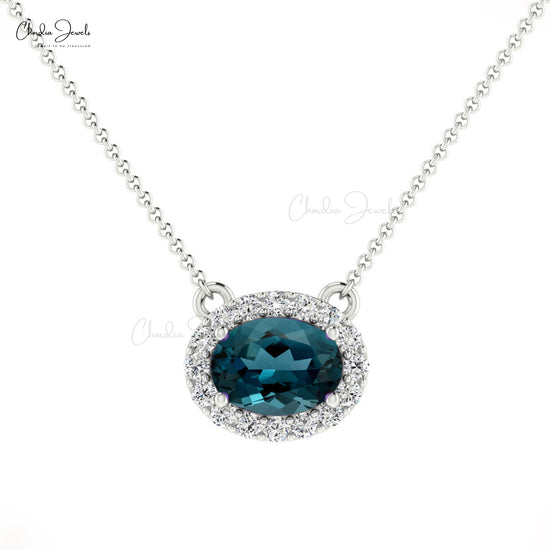 1.11 Ct Center London Blue Topaz and Diamond Halo Necklace in White Gold |  New York Jewelers Chicago