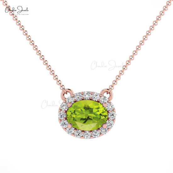 Load image into Gallery viewer, Natural Peridot and Diamond Necklace, 14k Solid Gold Necklace, 0.75 Carat Oval Faceted Gemstone Necklace, Bridesmaid Necklace for Gift
