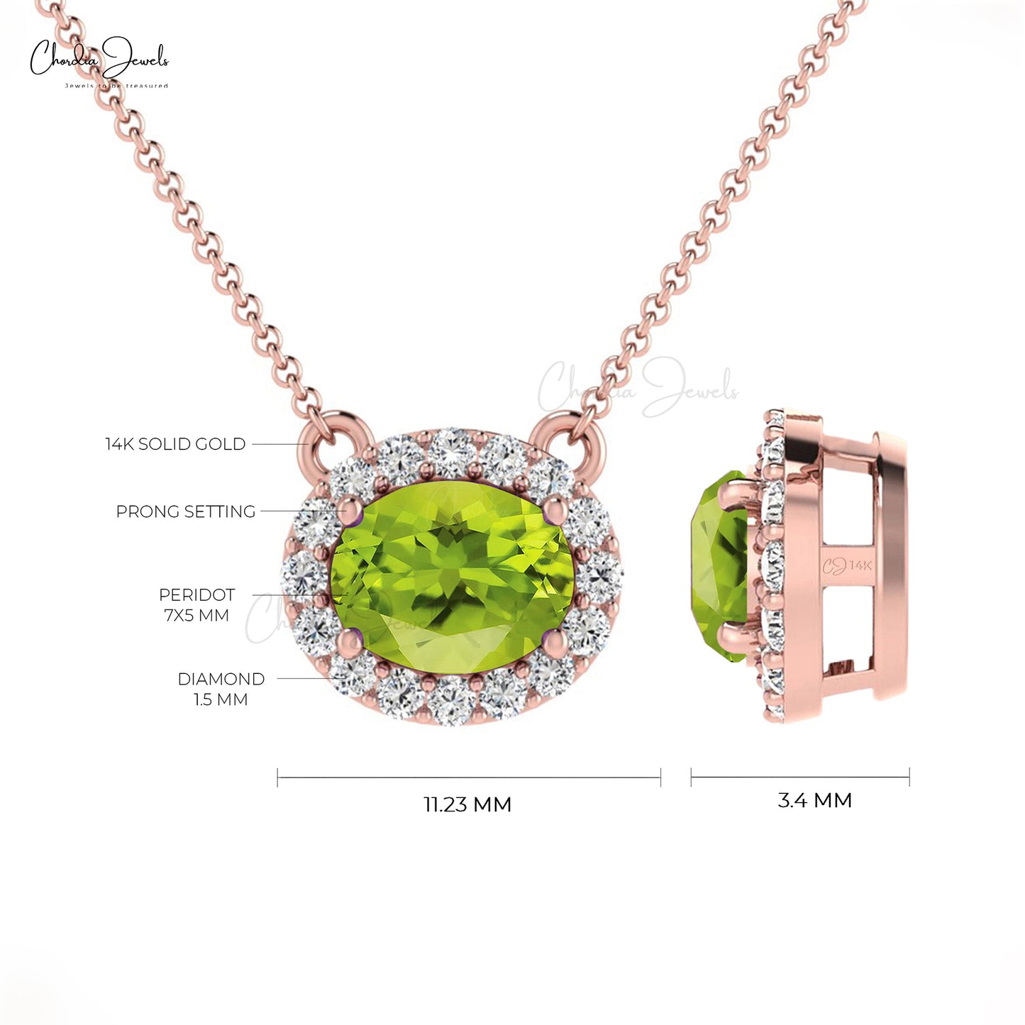 Natural Peridot and Diamond Necklace, 14k Solid Gold Necklace, 0.75 Carat Oval Faceted Gemstone Necklace, Bridesmaid Necklace for Gift