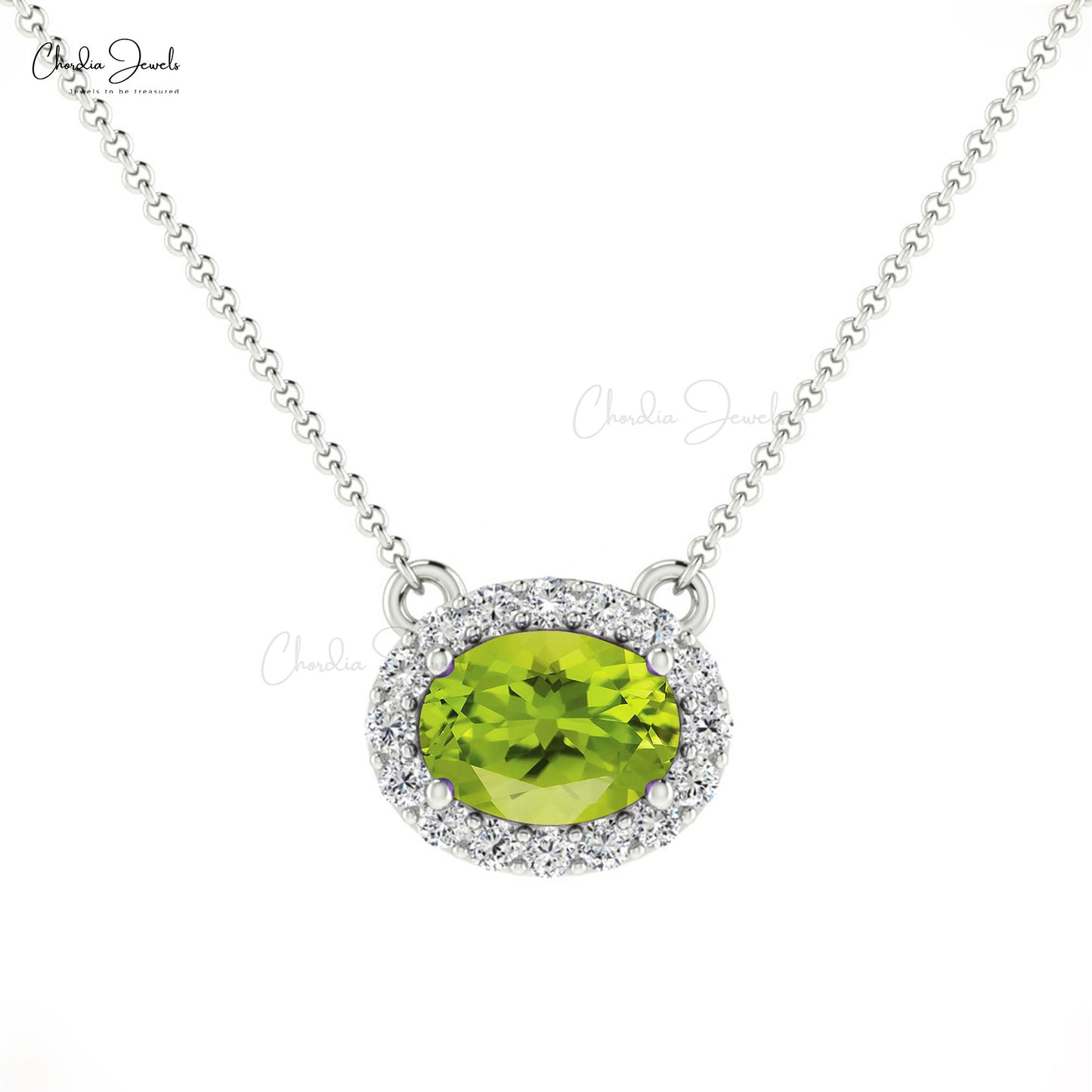 Natural Peridot and Diamond Necklace, 14k Solid Gold Necklace, 0.75 Carat Oval Faceted Gemstone Necklace, Bridesmaid Necklace for Gift