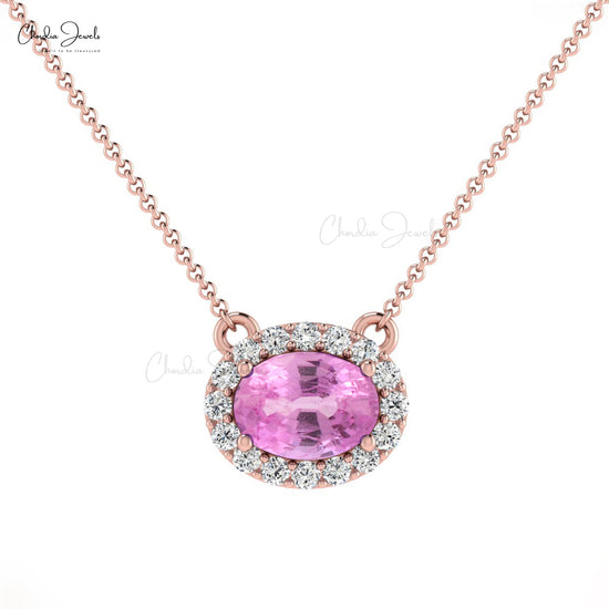 Natural Pink Sapphire Necklace, 14k Solid Gold Diamond Necklace, 0.75 Carats Oval Faceted Gemstone Necklace Women's Jewelry, Gift for Her