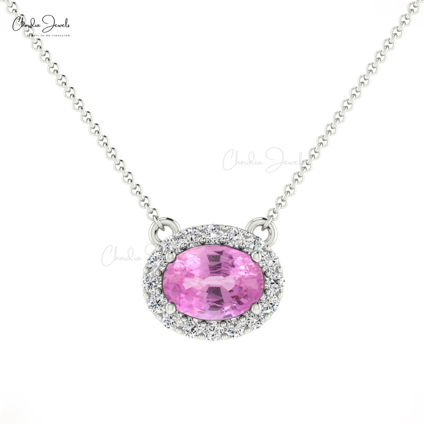Natural Pink Sapphire Necklace, 14k Solid Gold Diamond Necklace, 0.75 Carats Oval Faceted Gemstone Necklace Women's Jewelry, Gift for Her