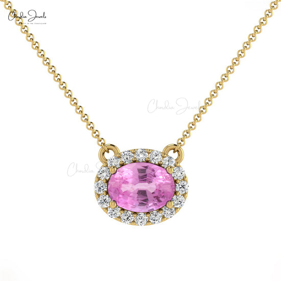Natural Pink Sapphire Necklace, 14k Solid Gold Diamond Necklace, 0.75 Carats Oval Faceted Gemstone Necklace Women's Jewelry, Gift for Her