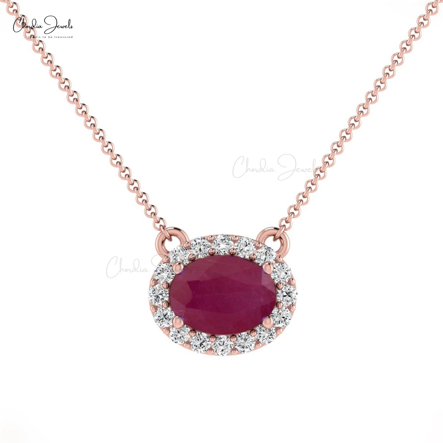 Halo Necklace With 0.7ct Ruby & Diamond Accents Hallmarked 14k Real Gold Birthstone Necklace