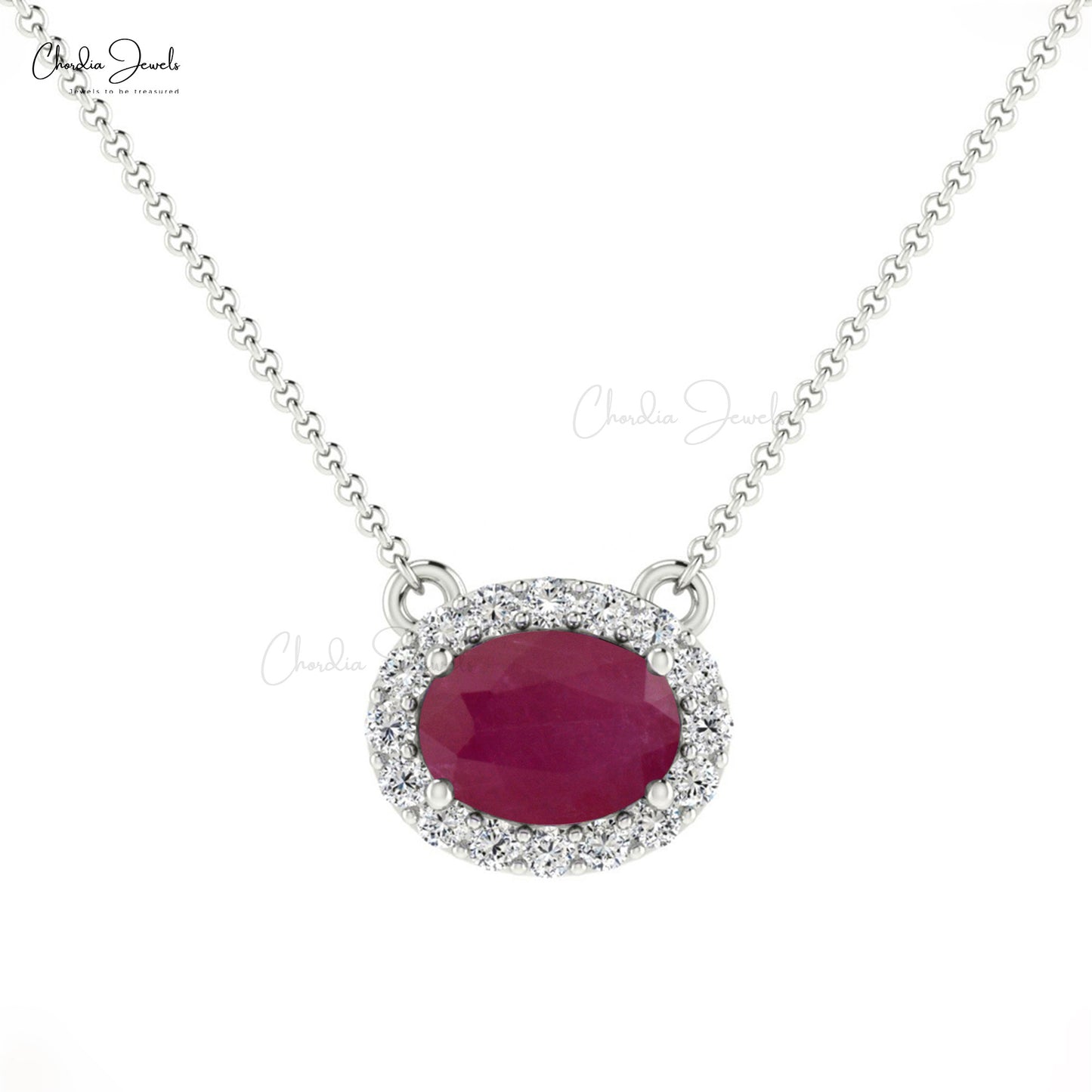 Halo Necklace With 0.7ct Ruby & Diamond Accents Hallmarked 14k Real Gold Birthstone Necklace