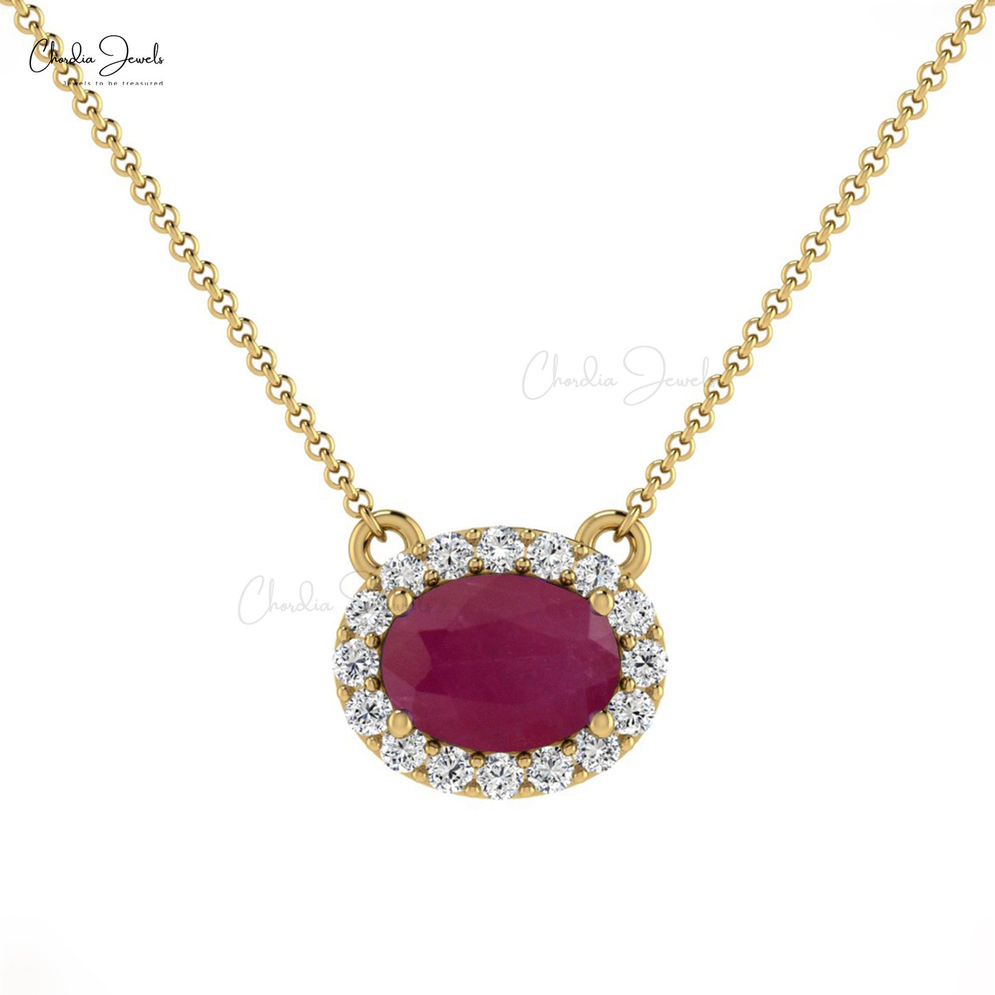 Diamond Halo Necklace with 7X5MM Oval Shaped Ruby Gemstone