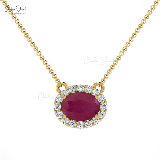 Diamond Halo Necklace with 7X5MM Oval Shaped Ruby Gemstone