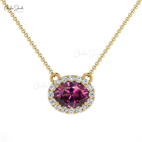 Natural Rhodolite Garnet and Diamond Necklace, 14k Solid Gold Halo Necklace, 7x5mm Oval Faceted Gemstone Prong Set Necklace, Wedding Gift for Her