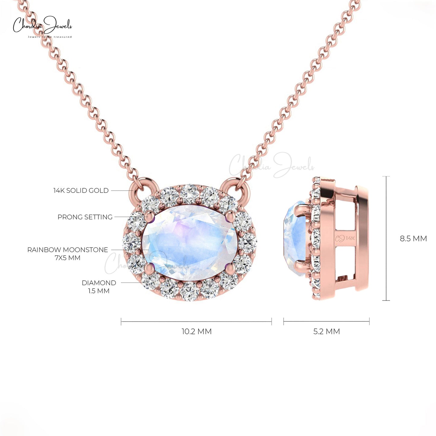 7x5mm Oval Shaped Rainbow Moonstone & Diamond Halo Necklace in 14K Gold