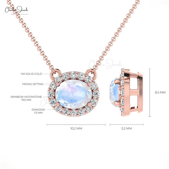 7x5mm Oval Shaped Rainbow Moonstone & Diamond Halo Necklace in 14K Gold