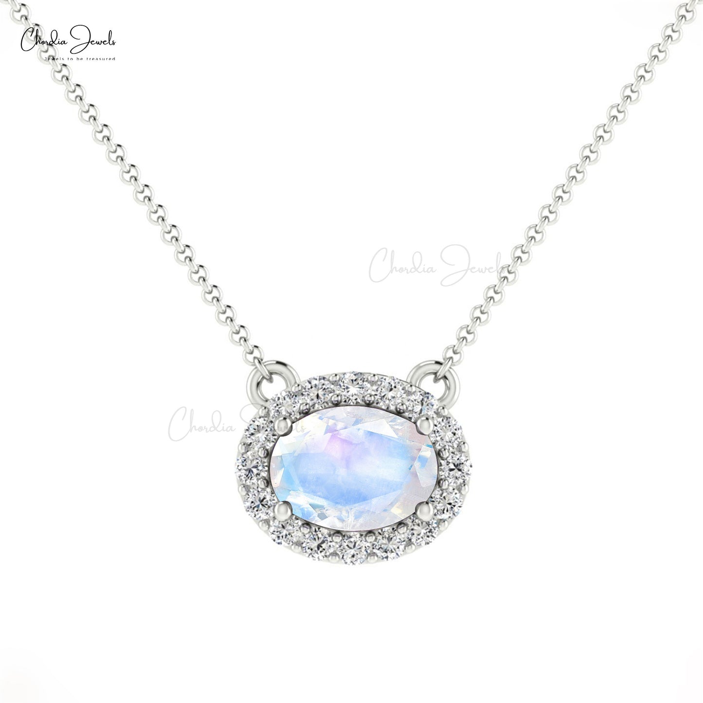 Load image into Gallery viewer, 7x5mm Oval Shaped Rainbow Moonstone &amp;amp; Diamond Halo Necklace in 14K Gold
