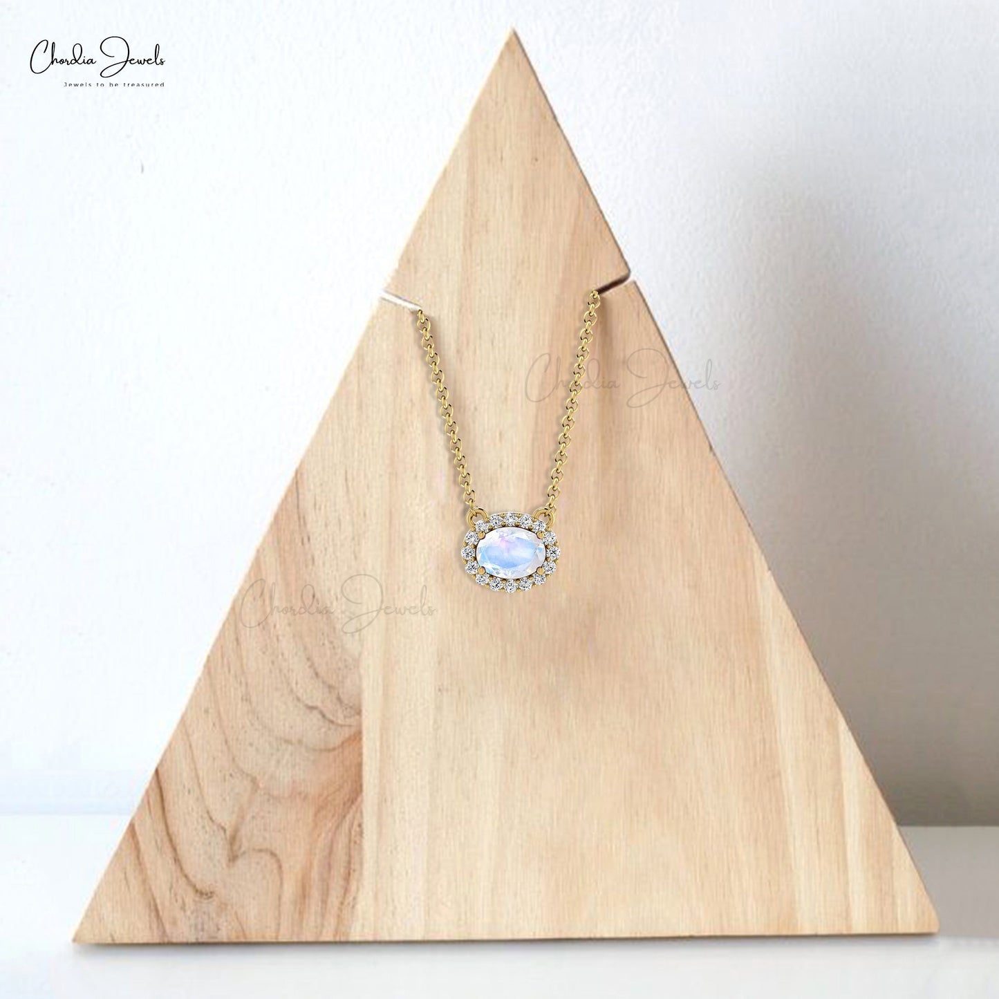 7x5mm Oval Shaped Rainbow Moonstone & Diamond Halo Necklace in 14K Gold