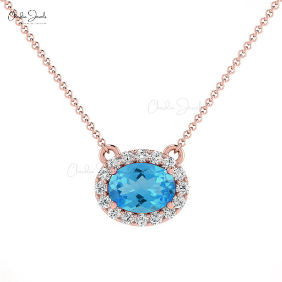 7X5MM Swiss Blue Topaz Diamond Halo Necklace for Women