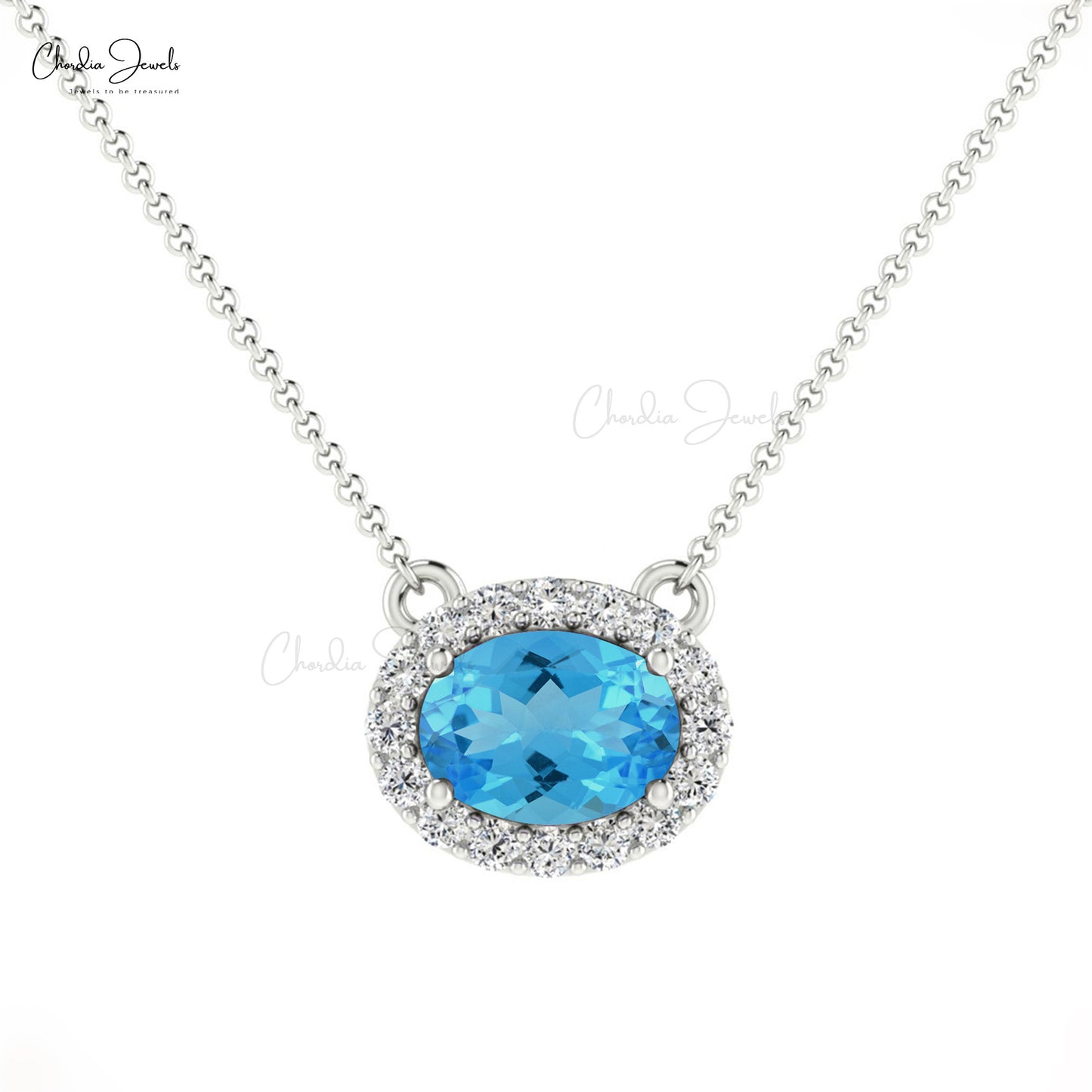 7X5MM Swiss Blue Topaz Diamond Halo Necklace for Women