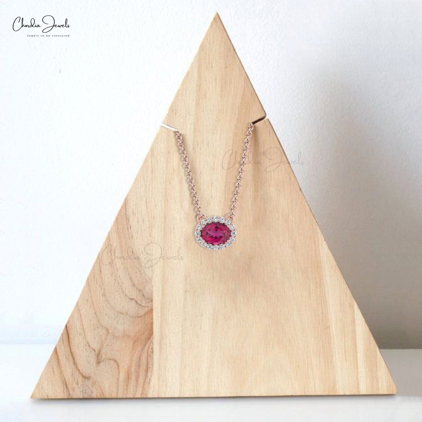 Diamond Halo Necklace with Oval Shaped Pink Tourmaline Stone