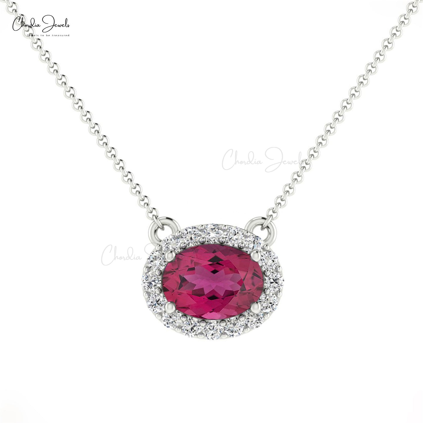 Diamond Halo Necklace with Oval Shaped Pink Tourmaline Stone