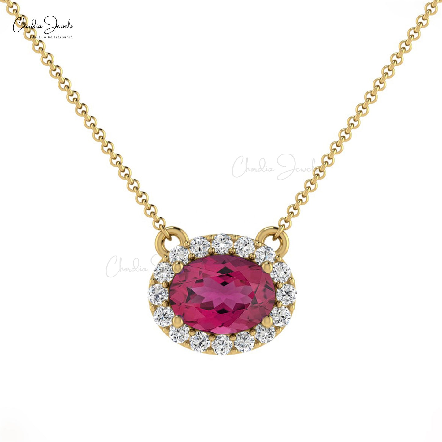 Diamond Halo Necklace with Oval Shaped Pink Tourmaline Stone