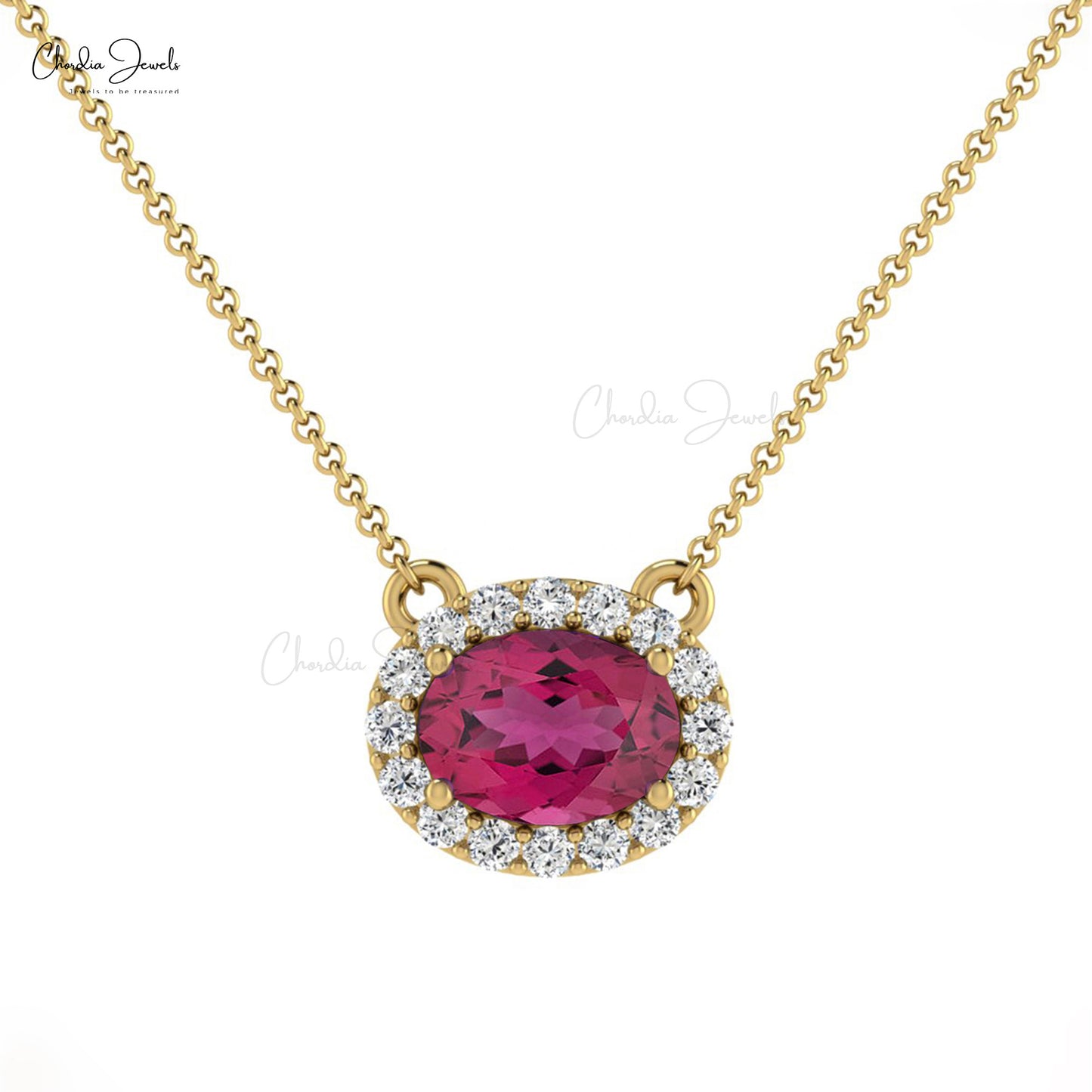 Load image into Gallery viewer, Diamond Halo Necklace with Oval Shaped Pink Tourmaline Stone

