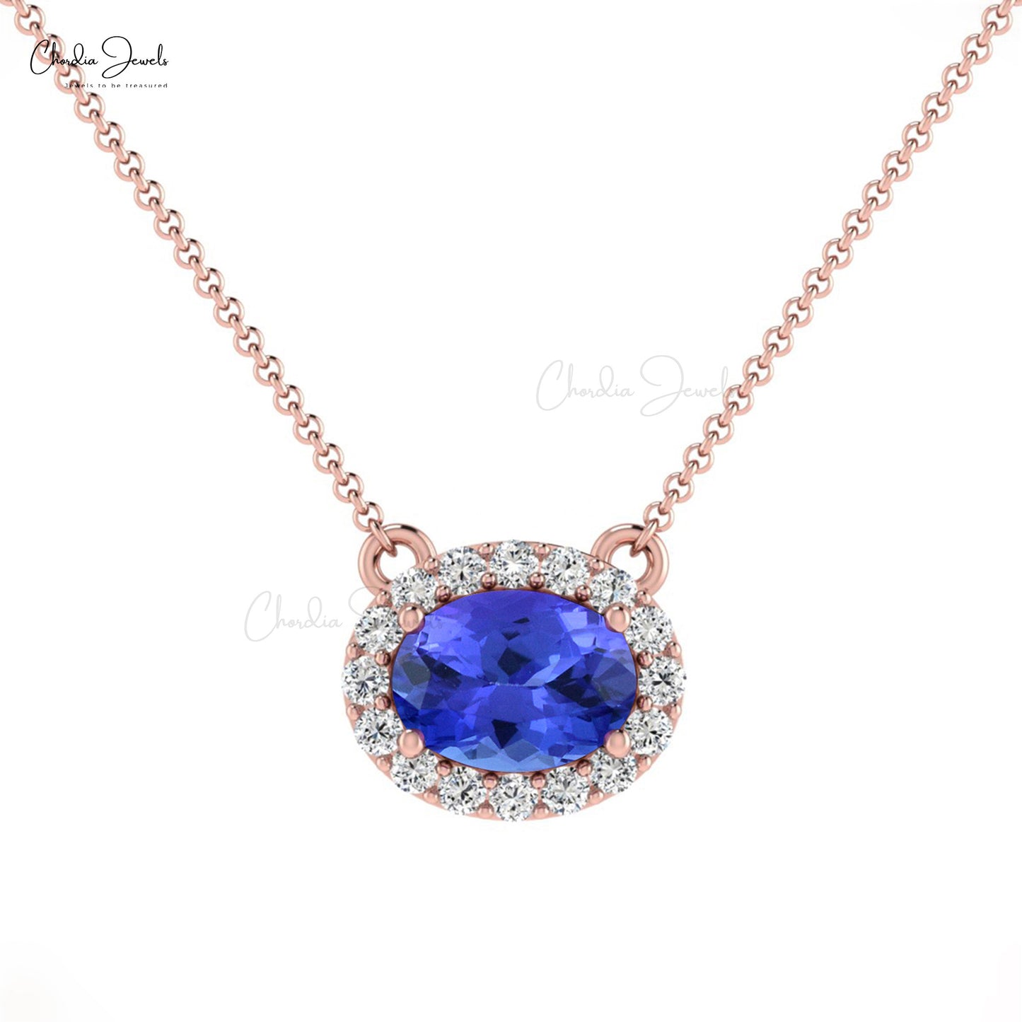 Natural Tanzanite 7x5mm Oval Cut Halo Necklace For Women 14k Solid Gold April Birthstone White Diamond Wedding Hallmarked Jewelry