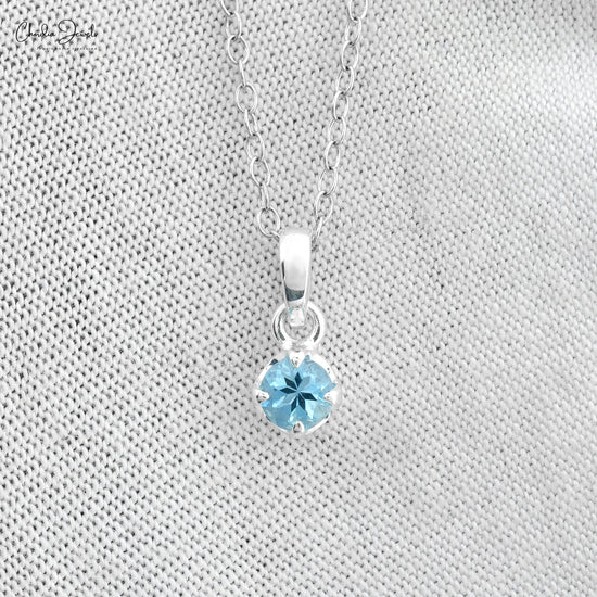 Genuine Aquamarine 4mm Round Brilliant Cut Solitaire Pendant Necklace For Women 14k Solid White Gold Dainty Jewelry