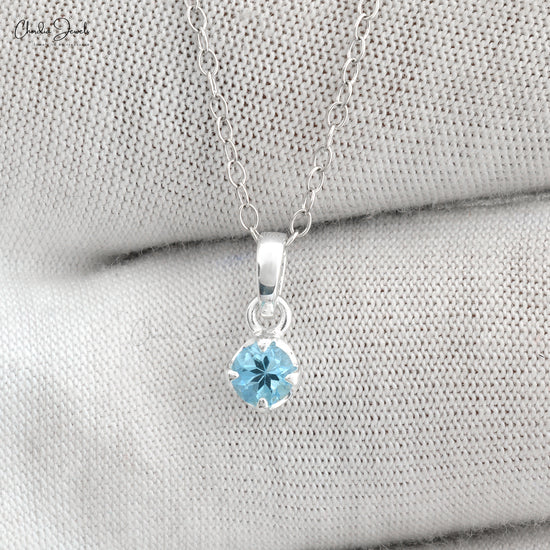 Genuine Aquamarine 4mm Round Brilliant Cut Solitaire Pendant Necklace For Women 14k Solid White Gold Dainty Jewelry