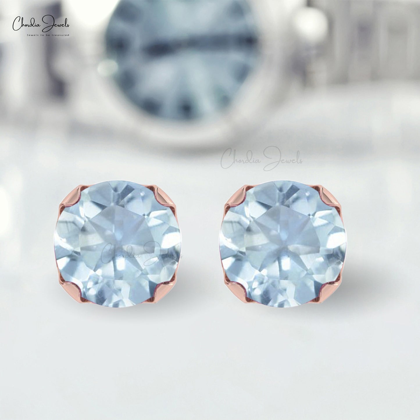 AAA Quality Aquamarine Gemtone Stud Earrings 14k Solid Gold Prong Set Studs