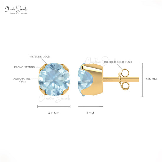 AAA Quality Aquamarine Gemtone Stud Earrings 14k Solid Gold Prong Set Studs