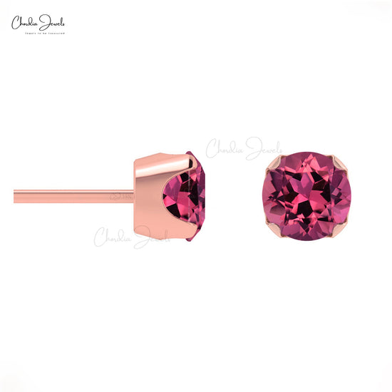 Genuine Pink Tourmaline 4mm Round Cut Gemstone Studs Earring 14k Solid Gold Studs For Her