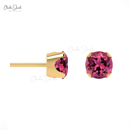 Genuine Pink Tourmaline 4mm Round Cut Gemstone Studs Earring 14k Solid Gold Studs For Her