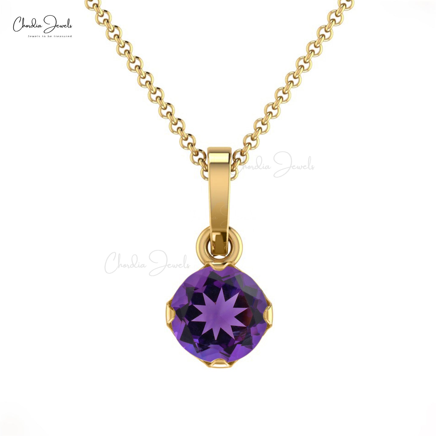 Natural Amethyst Solitaire Pendant, 14k Solid Gold Handmade Prong Set Pendant, 4mm Round Faceted Gemstone Pendant for Women's