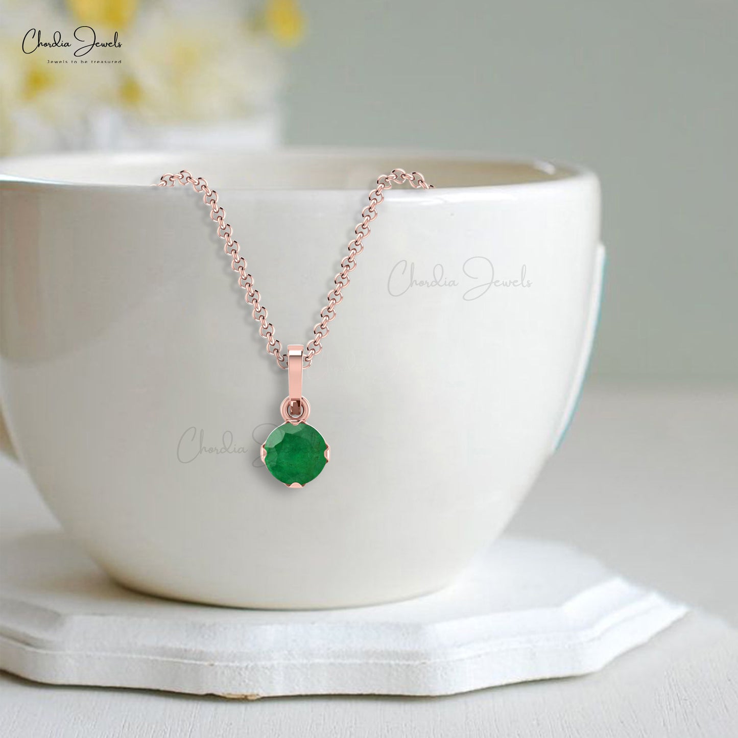 Prong Set 4mm Natural Green Emerald Solitaire Pendant