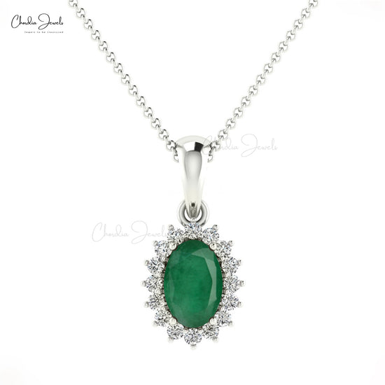 Natural Emerald Diamond Halo Pendant 14k Solid Gold Minimalist Pendant For Birthday Gift