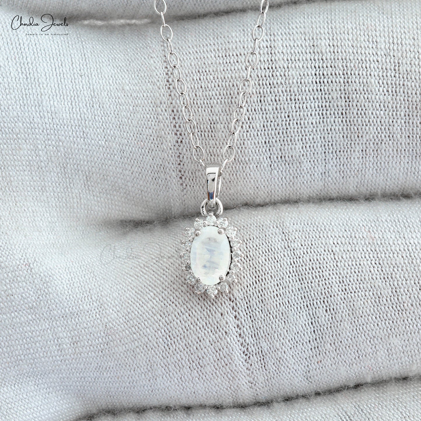 Oval Shape Rainbow Moonstone & Natural White Diamond Halo Style Pendant Necklace in 14k Pure Gold Wedding Gift For Her