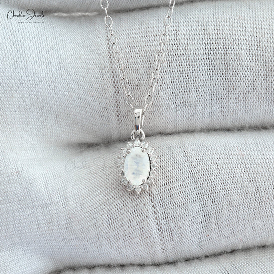 Halo Gemstone Charm In 14k White Gold Moonstone And Diamond Dangle Pendant